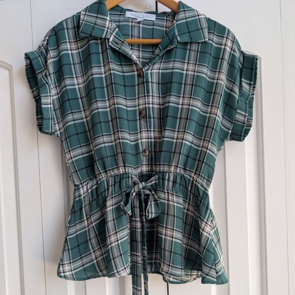 Sweet Rain Green Plaid Short Sleeve Flowy Top Small - Picture 2 of 9